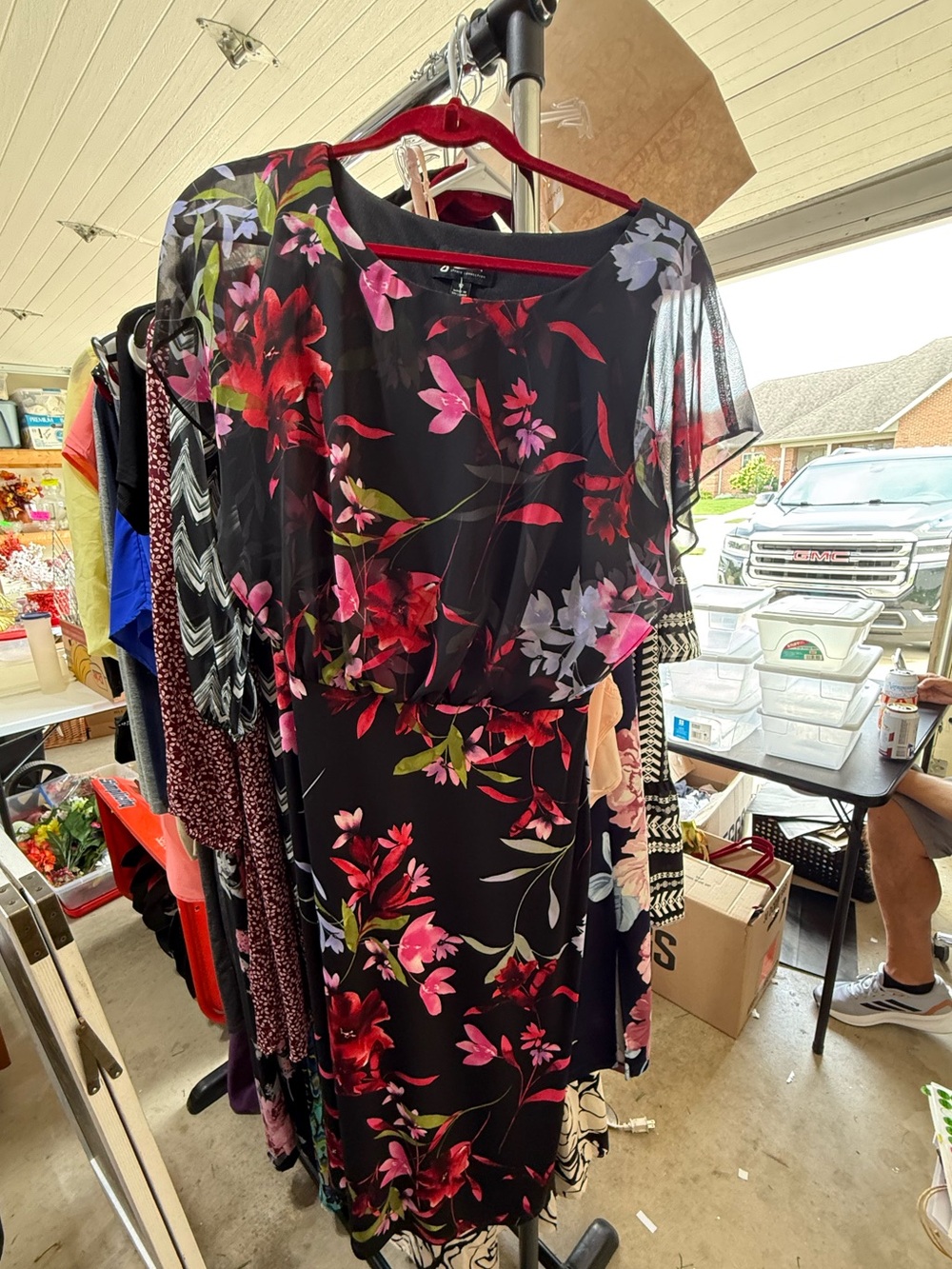 Kohl's Black Floral Midi Dress with Pink & Red Blooms